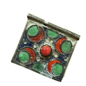 Vintage silver metal trinket box inlaid stone hinged lid blue green red enamel